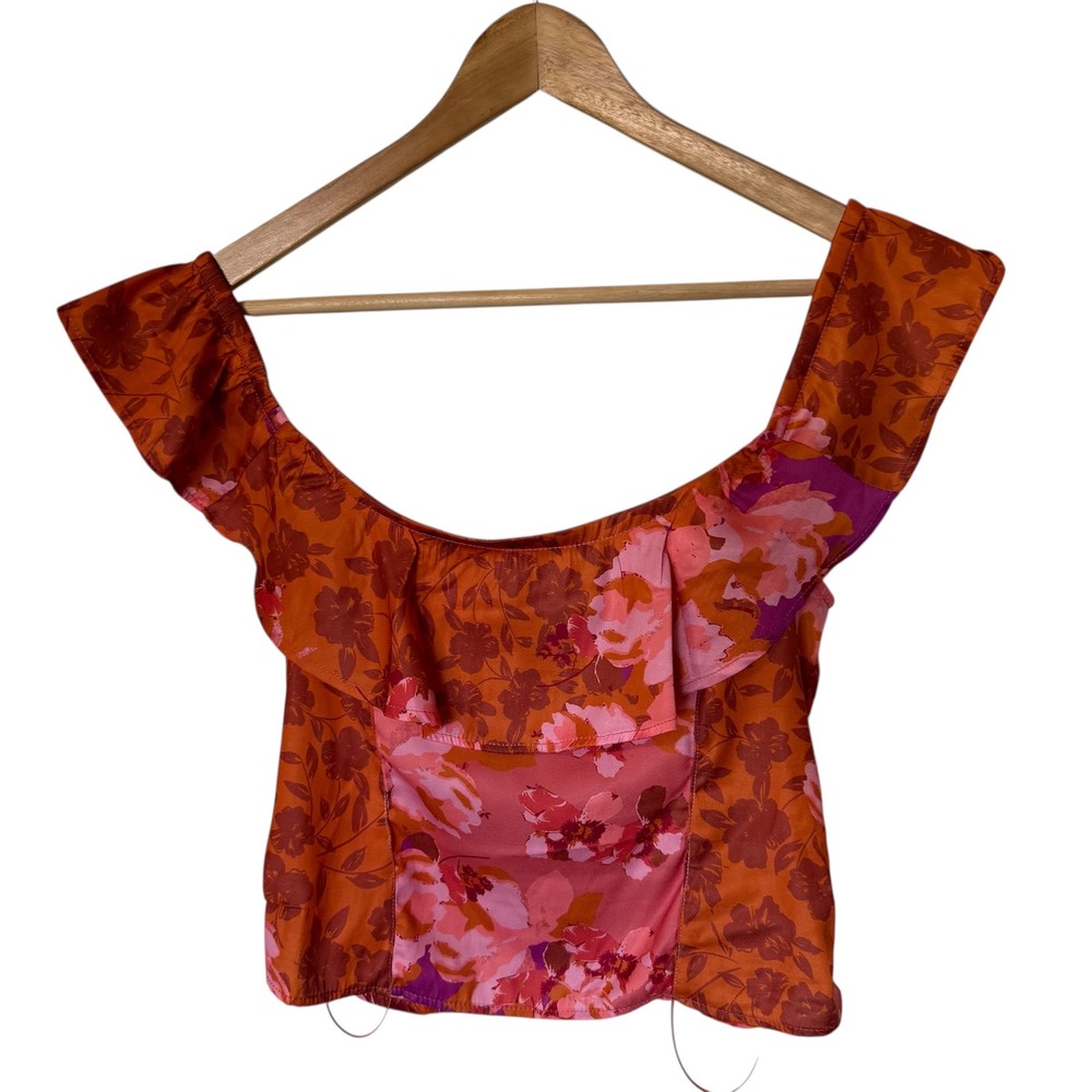 Free People Floral Off Shoulder Ruffle Top Orange Pink Purple Smocked Size M